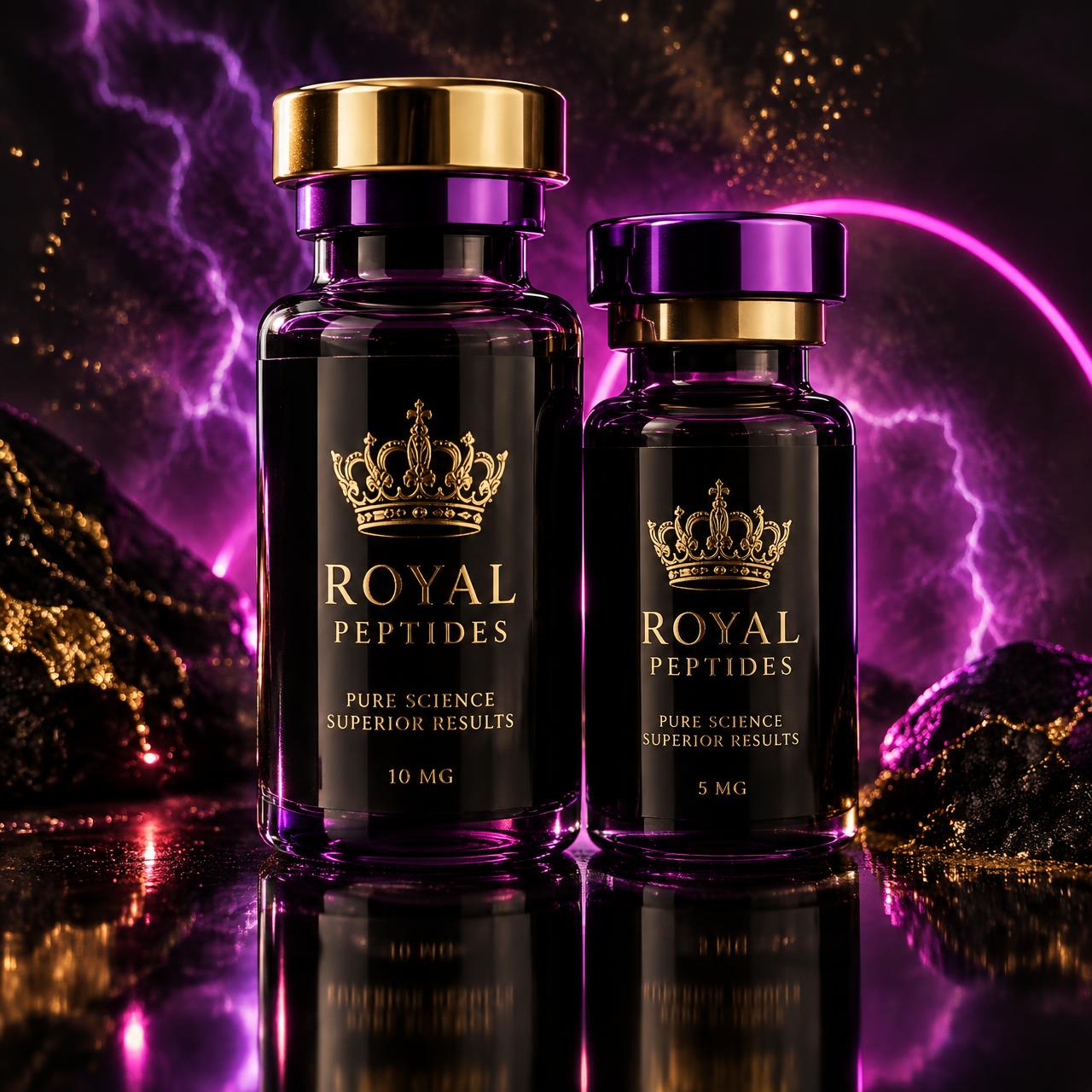 Royal Peptides crowned vials with purple lightning